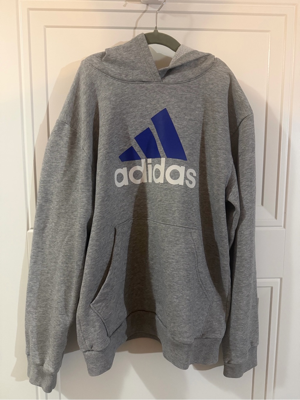 adidas Boys Grey Crewneck Hoodie with Blue Logo youth L